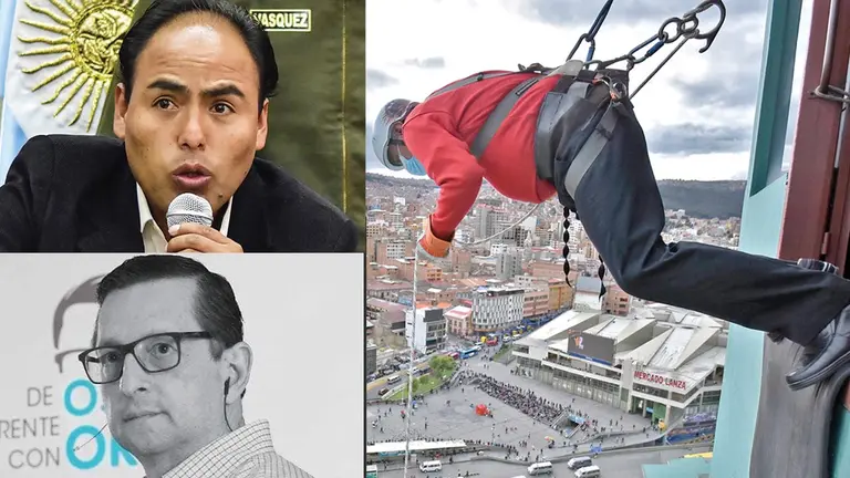 De izquierda a derecha, el potosino Milton Navarro, Oscar Ortiz e Iván Arias bajando un edificio en campaña.