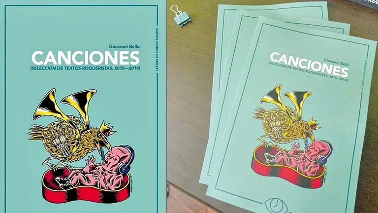 La portada del libro  &ldquo;Canciones (selección de textos roqueristas 2015-2019)&rdquo; junto a algunas copias del libro.            FCBCB