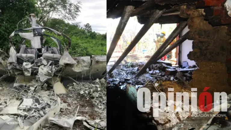 Restos de la aeronave de la FAB de 2020 (i) y destrozos que produjo la avioneta, tambi&eacute;n de la FAB, esta jornada, en Sacaba.