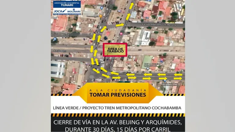 El mapa de las rutas que permanecerán cortadas en la avenida Beijing. JOCA MOLINARI