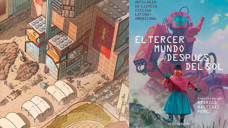 Dibujo de Facebook de la ciudad de El Alto en Altopía (i) junto con la portada del Tercer mundo después del sol, que alberga el texto de Giovanna Rivero.