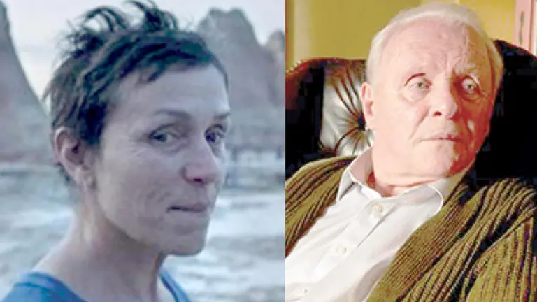 La actriz Frances McDormand en &ldquo;Nomadland&rdquo; y Anthony Hopkins en &ldquo;The Father&rdquo;. VARIETY