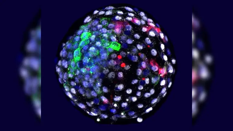 Visualizaci&oacute;n mediante fluorescencia de las c&eacute;lulas de las diferentes especies en una etapa embrionaria temprana. En rojo las c&eacute;lulas humanas. EFE