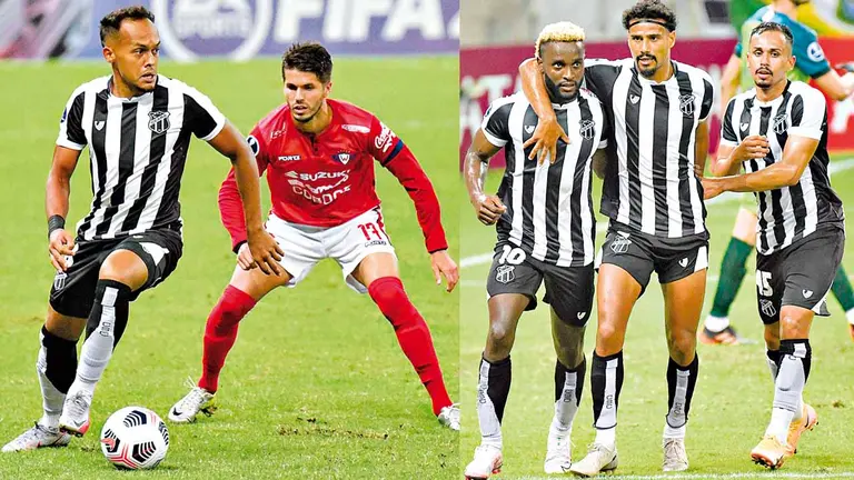 Una acción del compromiso entre Ceará y Wilstermann en el estadio Castelao (i). Los jugadores de Ceará festejan el primer gol que anotaron frente a Wilstermann. EFE