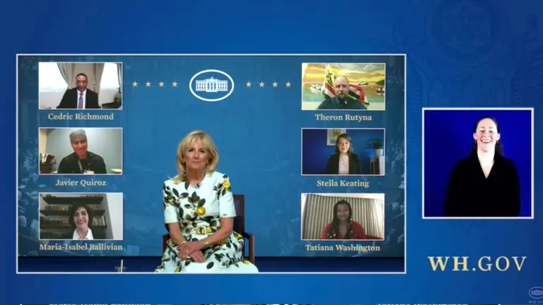 Una captura de pantalla del sitio oficial en redes sociales la Casa Blanca con la Primera Dama Biden en la que participa la boliviana Isabel Ballivian. Joel vera