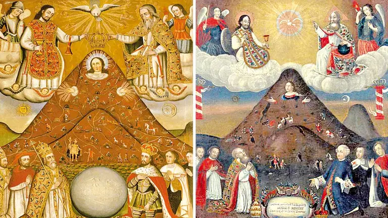 Los dos cuadros con motivo de &ldquo;La Virgen del Cerro&rdquo;.  El de la izquierda es el de la Casa de la Moneda (Potosí) y el de la derecha del MNA (La Paz).  ARCHIVO