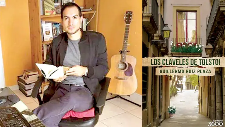 Portada de &lsquo;Los claveles de Tolstoi&rsquo;, la más reciente  obra del escritor Guillermo Ruiz Plaza (derecha). ELABORACIÓN PROPIA