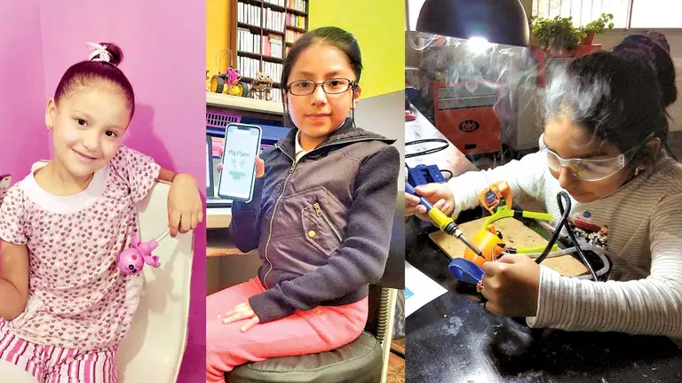La mexicana Brissa González, Valerya muestra su aplicación My Planet y Elyn Mamani con sus herramientas de trabajo. CORTESÍA-FREEPIK