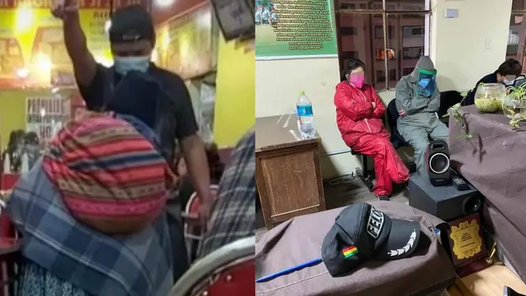 La adulta mayor, que ofrec&iacute;a gorritos de lana, es desalojada del negocio (i). El hombre aprehendido y las dos mujeres arrestadas (d). FOTO: Facebook Polic&iacute;a Boliviana