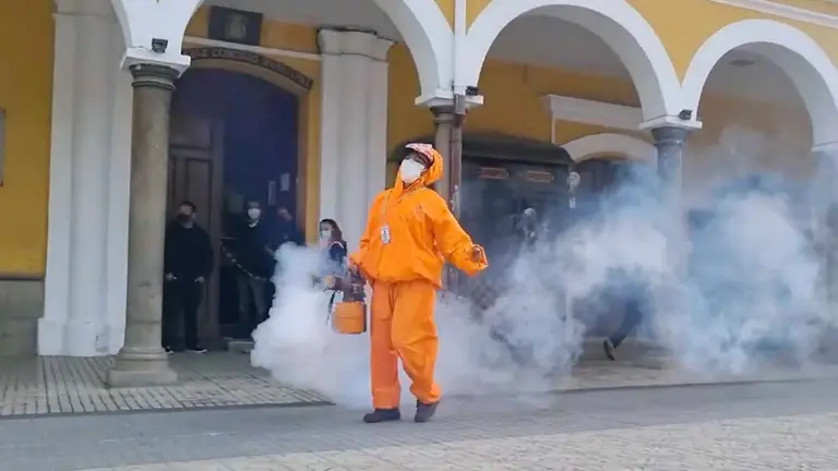 Una trabajadora de EMSA fumiga la plaza al ritmo del Salay. Captura