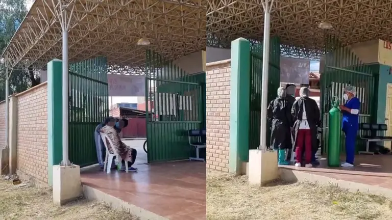 El paciente mientras aguardaba atenci&oacute;n m&eacute;dica en la puerta del hospital (i). El personal de salud consigui&oacute; un cilindro para intentar estabilizarlo (d). FOTOS: Captura de pantalla transmisi&oacute;n Henry Juaniquina