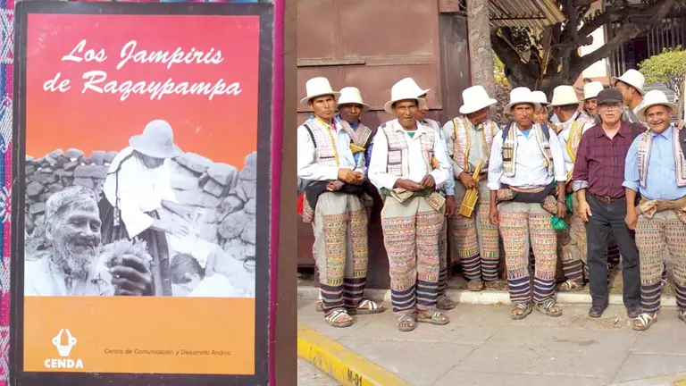 El investigador Juan José Alba junto a autoridades y comunarios de Raqaypampa (derecha) y la portada de su obra &lsquo;Los Jampiris de Raqaypampa&rsquo;, editada en 1993. CORTESÍA