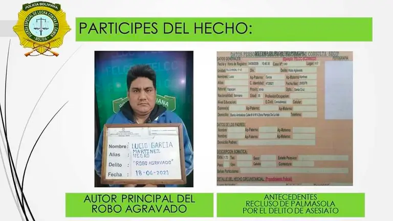 Policía socializa fotografía del reo que salía a hacer trámites y aprovechaba para robar. FELCC Santa Cruz