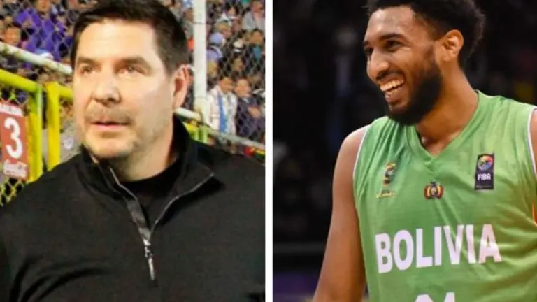 Marcelo Claure, el presidente del Club Bol&iacute;var (i) y el basquetbolista estadounidense boliviano Josh Reaves (d). OX&Iacute;GENO