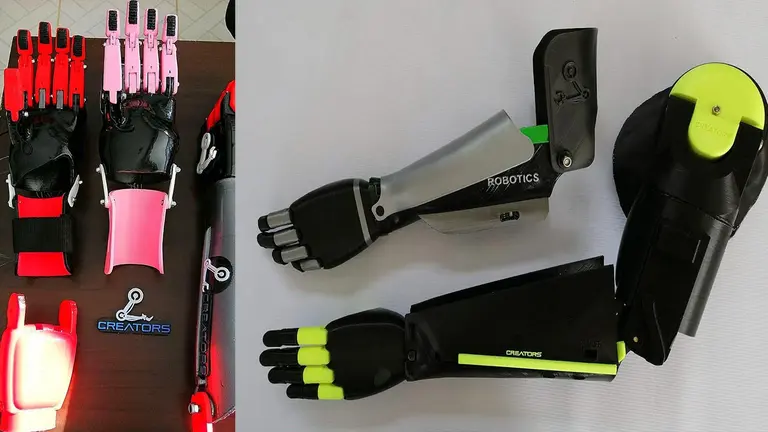 Brazos y manos ortopédicas que fabrica Robotics Creators. Cortesía