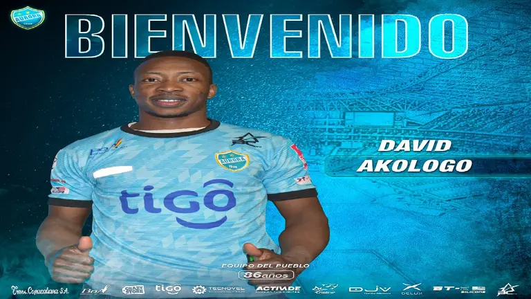 El arte oficial con que el Equipo del Pueblo le da la bienvenida al golero Akologo. Prensa Aurora