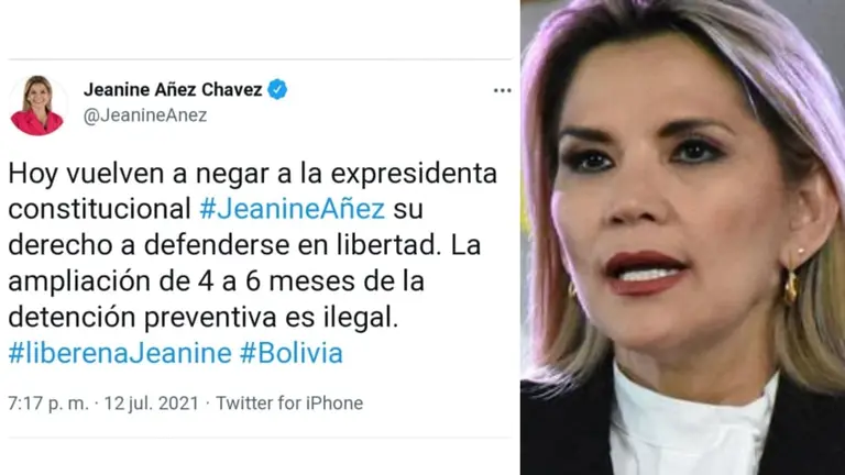 El tuit que se lee en la cuenta de Jeanine &Aacute;&ntilde;ez, en Twitter.