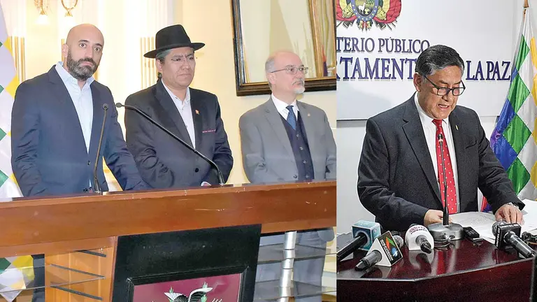 El excanciller Diego Pary junto a miembros de la OEA en el anuncio de la auditoría. El fiscal General del Estado, Juan Lanchipa, se refiere al informe pericial de BISITE. ARCHIVO-APG