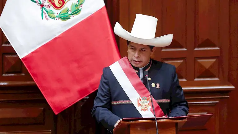 Fotografía cedida por la Presidencia del Perú de Pedro Castillo hablando durante la ceremonia de toma como nuevo presidente de Perú, hoy en Lima. EFE