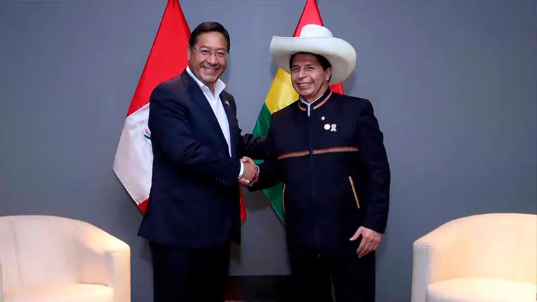 El presidente Luis Arce junto a su hom&oacute;logo Pedro Castillo. Foto: Agencia Andina ARCHIVO