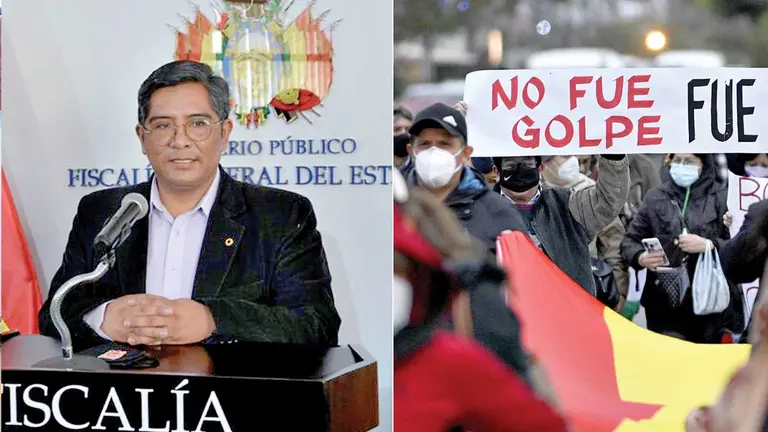 El Secretario General de la Fiscalía, Edwin Quispe (i). Una protesta en Santa Cruz contra la decisión de cerrar el caso. APG
