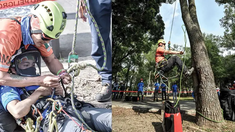 Mario Vagner Jaldín simula el rescate de una persona (i). El arborista boliviano trepando un árbol (d). MARIO VAGNER JALDÍN