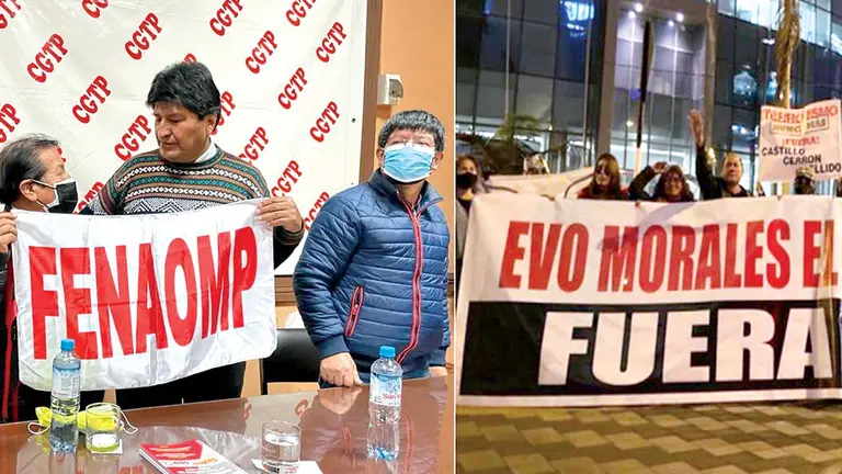 El expresidente Evo Morales junto a representantes de organizaciones (i). La protesta frente al lujoso hotel en el que se hospeda. TWITTER-GEC