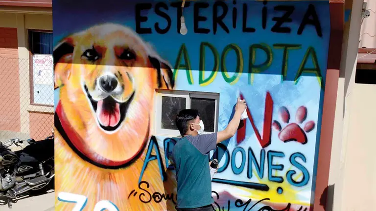 Un artista pinta un muro de Zoonosis con un mensaje que promueve la adopción y esterilización de canes. DICO SOLÍS