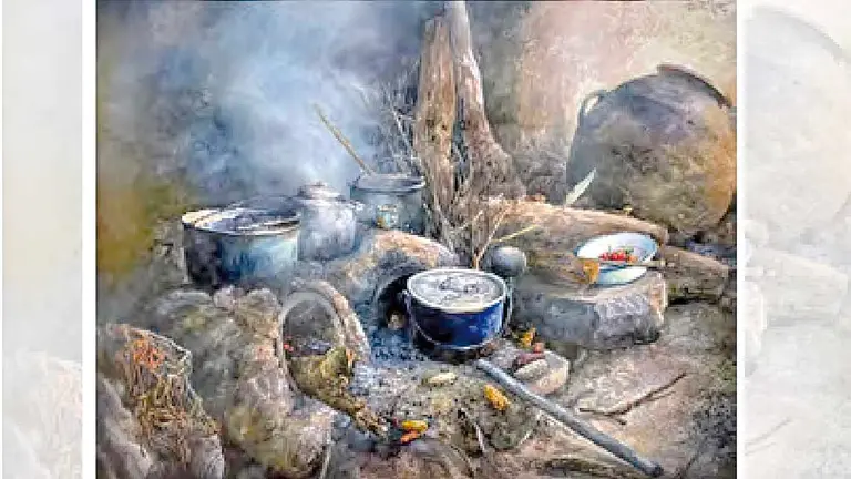 La acuarela &ldquo;Cocina de barro&rdquo;.  DARÍO ANTEZANA