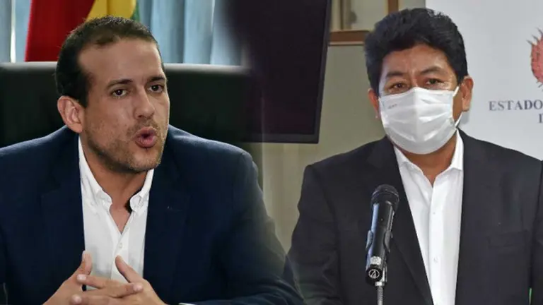 Luis Fernando Camacho, gobernador de Santa Cruz (i), y Edgar Monta&ntilde;o, ministro de Obras P&uacute;blicas. ARCHIVO