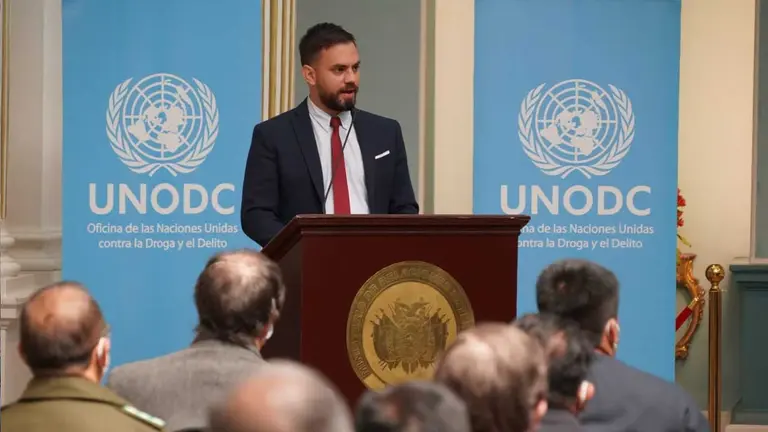 El ministro de Gobierno, Eduardo del Castillo ante la UNODC. Prensa Min Gobierno