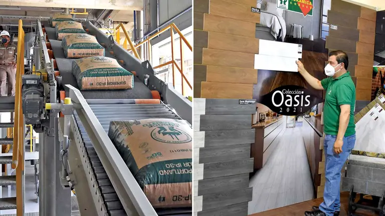 Bolsas de cemento producidas en la planta de Irpa Irpa (izquierda. Las piezas de exportación que elabora Cerámica COBOCE. DICO SOLÍS