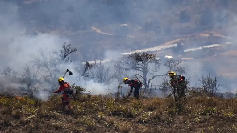 Bomberos sofoca los puntos de calor que persisten en el incendio que contin&uacute;a en Melga en el municipio de Sacaba Foto: Dico Soliz.