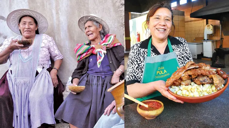 Mujeres vendedoras de chicha, en la zona de Chulla (i). Isabel Salas, hija de doña Pola (d). NOÉ PORTUGAL-URGENTE