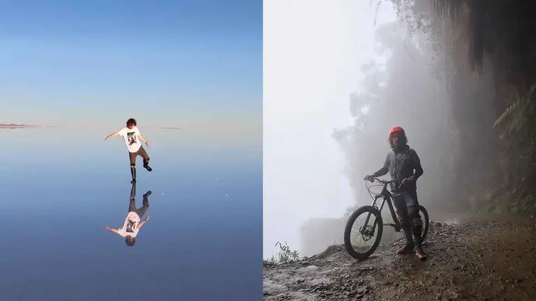 Luisito Comunica en el Salar de Uyuni (i) y en La Ruta de la Muerte (d). Fotograf&iacute;a Luisito Comunica