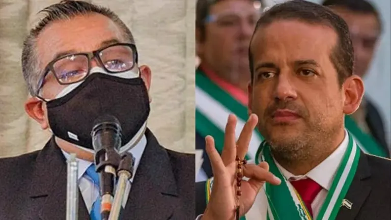 El viceministro Nelson Cox (i) y el gobernador Luis Fernando Camacho. Archivo