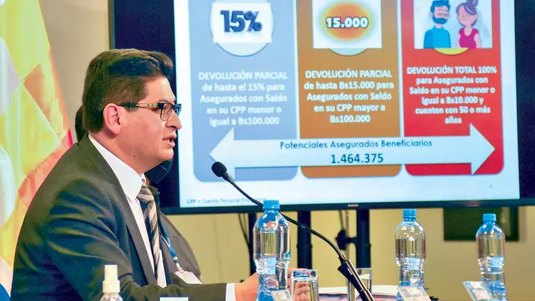 El ministro de Economía y Finanzas Públicas, Marcelo Montenegro, explica el reglamento para la devolución de los aportes a las AFP. APG