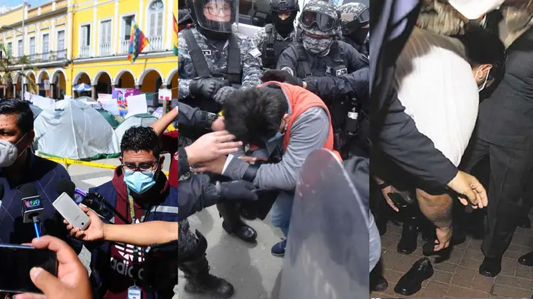 El dirigente de la prensa en Cochabamba junto al periodista afectado de OPINI&Oacute;N (I), el reportero de P&aacute;gina Siete al momento de su agresi&oacute;n (m) y el momento previ&oacute; a la agresi&oacute;n por seguridades de Arce.