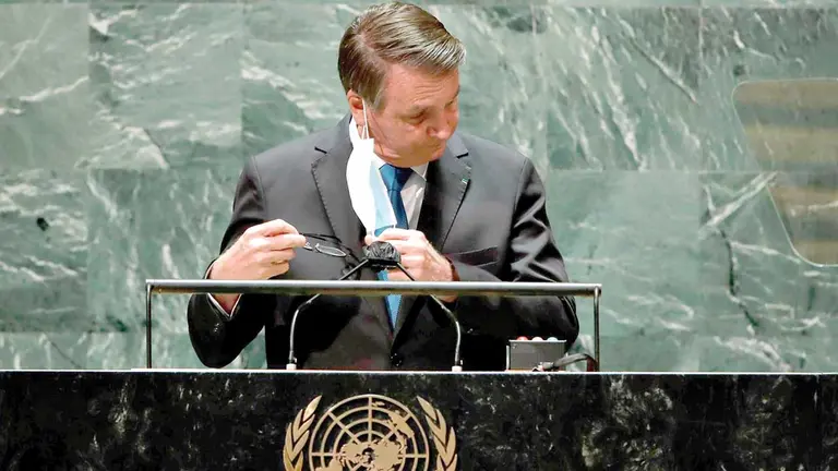 El presidente del Brasil,  Jair Bolsonaro, durante su intervención en la Asamblea de la ONU.  EFE