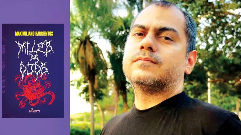 La portada de &ldquo;Miles de Ojos&rdquo; y el escritor Maximiliano Barrientos. EL CUERVO