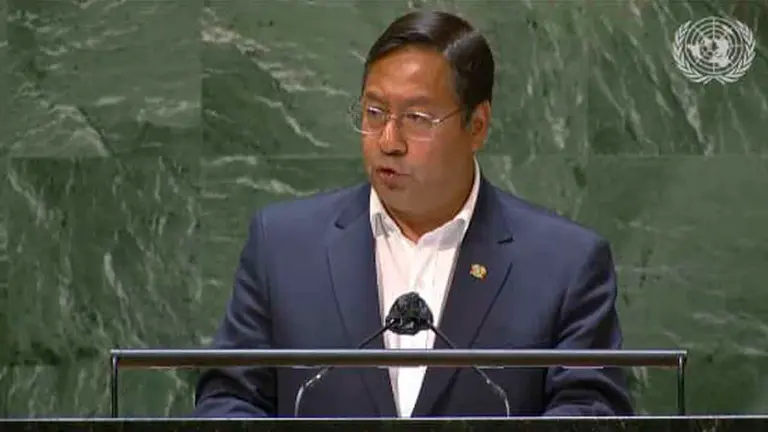 El presidente Luis Arce en su discurso en la ONU.