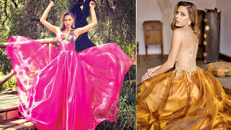 Vestido fucsia con falda estilo mariposa y cuerpo de tul   bordado con hilos de seda (i). Falda color coñac con delicada transparencia y cuerpo de tul con encaje bordado con swarovski y cristales de bohemia. (d).
