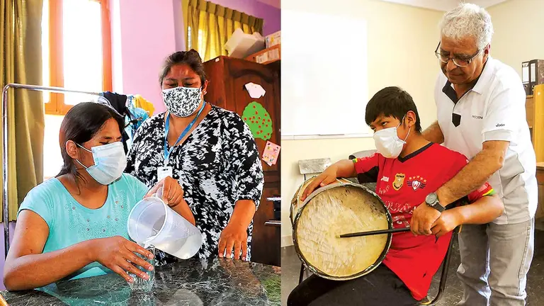 Las personas con ceguera aprenden desde lo básico, como servir un vaso de agua (i). La música es parte de la rehabilitación en el centro Manuela Gandarillas (d). NOÉ PORTUGAL-CORTESÍA 