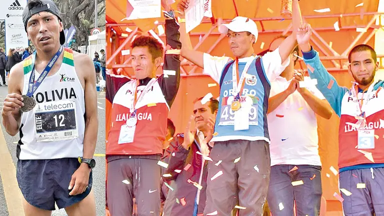 Héctor Garibay expone la medalla de oro que ganó en la Maratón de Burenos Aires (i). El fondista orureño (c), ganador de la carrera pedestre 10K de Potosí, en 2019. NOELIA RUBIO - MARCELO PEÑARANDA