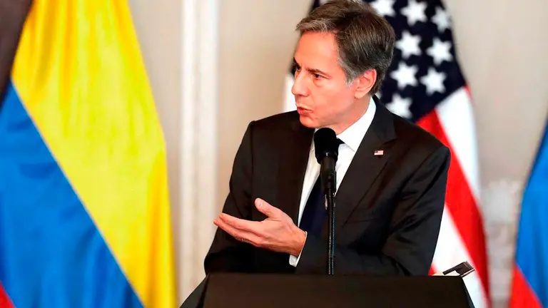 El secretario de Estado de EEUU, Antony Blinken habla hoy, durante una declaración conjunta con el presidente de Colombia Iván Duque, desde la Casa de Nariño en Bogotá (Colombia). EFE