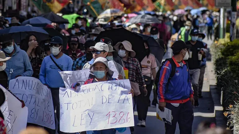 Una imagen de la marcha masiva de los gremiales en el centro de Cochabamba contra la Ley 1386. DICO SOLÍS