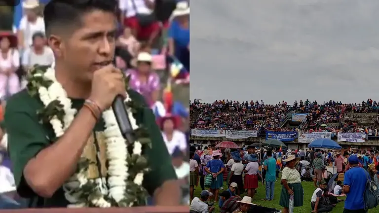 El presidente del Senado, ndr&oacute;nico Rodr&iacute;guez (i) y la concentraci&oacute;n en el estadio de Shinahota. RKC