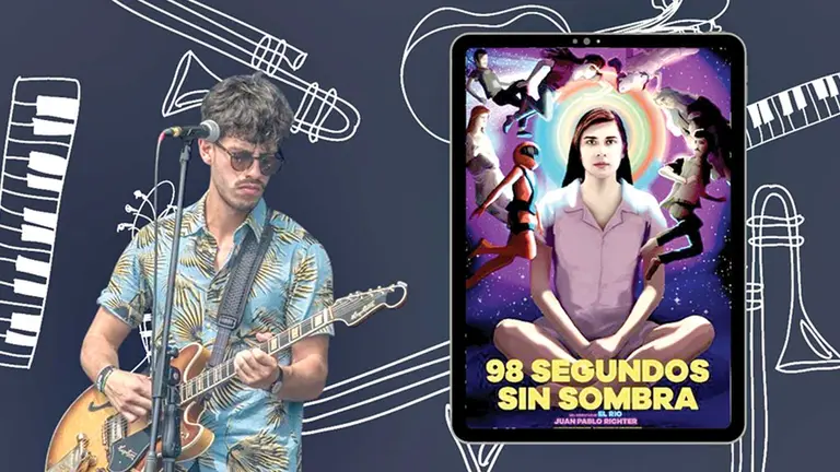 El compositor Gabriel Lema y el afiche de la película &rsquo;98 segundos sin sombra&rsquo;.ELABORACIÓN PROPIA