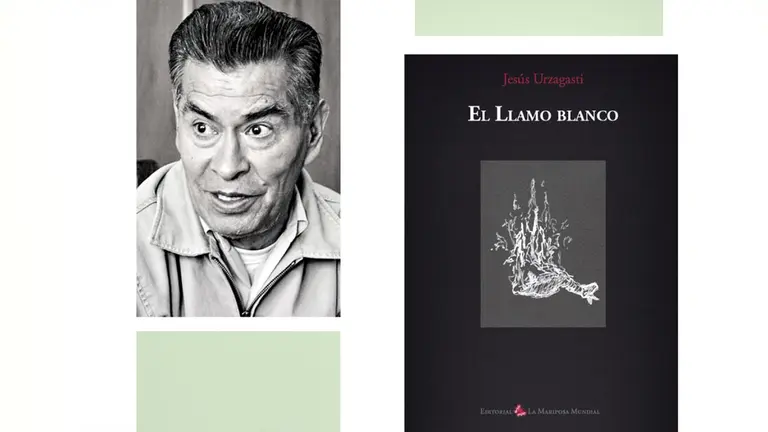 El escritor chaqueño Jesús Urzagasti junto a la portada de su obra póstuma &lsquo;El Llamo blanco&rsquo;.               DISEÑO PROPIO
