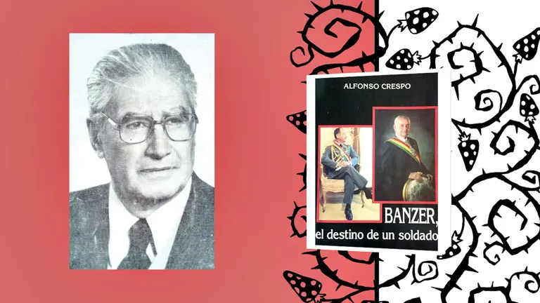 El biógrafo Alfonso Crespo y la portada de la biografía &lsquo;Banzer, el destino de un soldado&rsquo;.                   ELABORACIÓN PROPIA